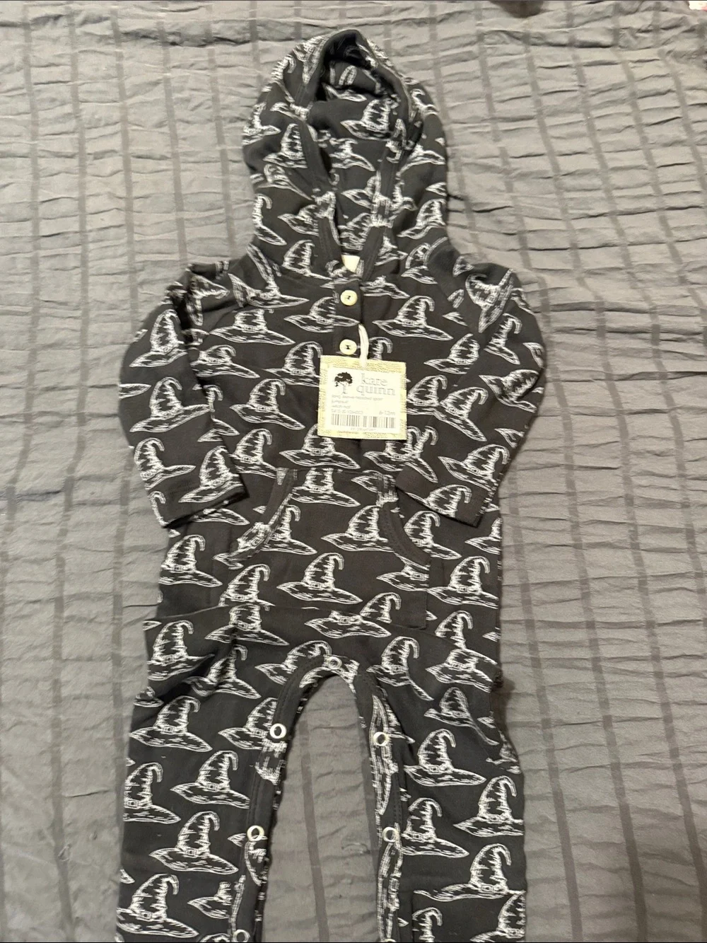 kate quinn Black Hooded One-Piece with White Hat Print